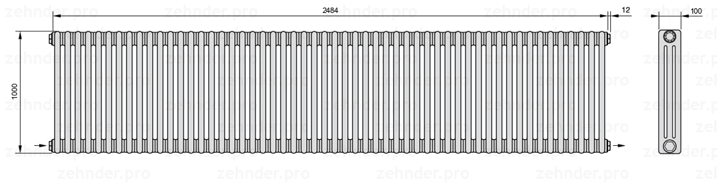 Схема (чертеж) Радиатор Zehnder Charleston 3100/54 №2670 Белый глянцевый RAL 9016